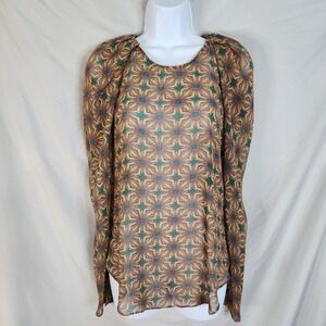 HAZEL Size Small Sheer Tapered Puff Sleeve Keyhole Back Starburst Chiffon Blouse